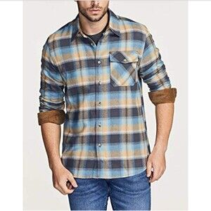 CQR Flannel Shirt Flip Cuff Mens XL 100% Cotton Blue Brown Plaid Button Down Top